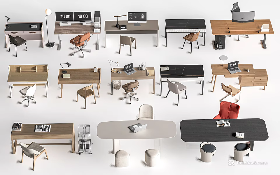 Modern Various Desk Designs With Wooden Black Tops Chairs Lamps And Laptops 3d model 