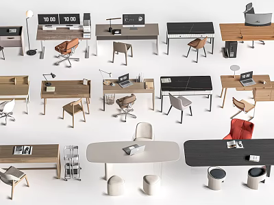 Modern Various Desk Designs With Wooden Black Tops Chairs Lamps And Laptops 3d model