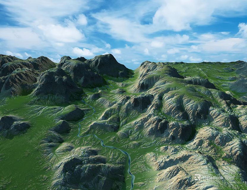 Scenic Mountain Landscape With Green Meadows Winding River Blue Sky And White Clouds 3d model 