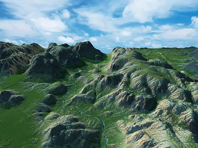 Scenic Mountain Landscape With Green Meadows Winding River Blue Sky And White Clouds 3d model