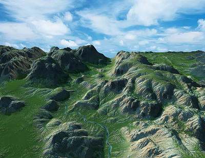 Scenic Mountain Landscape With Green Meadows Winding River Blue Sky And White Clouds 3d model