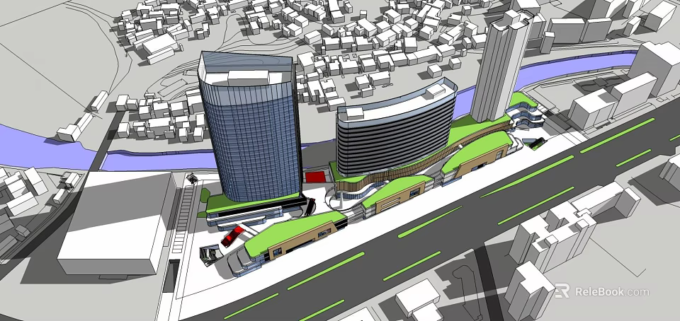 Modern Urban Commercial Complex With High Rise Buildings Green Spaces And Transport Links 3d model 