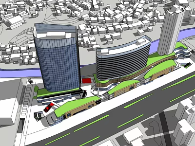 Modern Urban Commercial Complex With High Rise Buildings Green Spaces And Transport Links 3d model