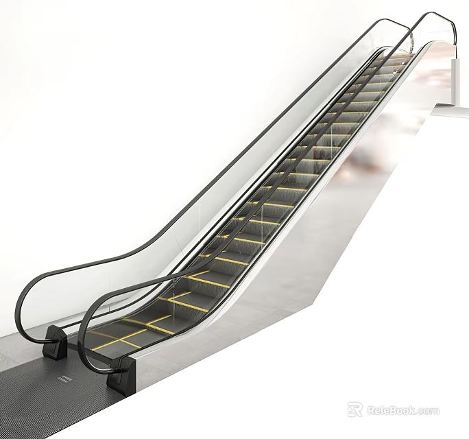 Escalator With Black Handrails Yellow Step Edges In Indoor Public Space White Walls Gray Floor 3d model 
