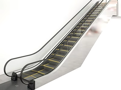 Escalator With Black Handrails Yellow Step Edges In Indoor Public Space White Walls Gray Floor 3d model