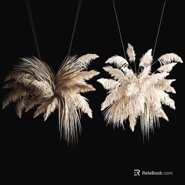 Hanging Cream White Feathery Dried Flowers Decorative Arrangement on Black Background 3d model 