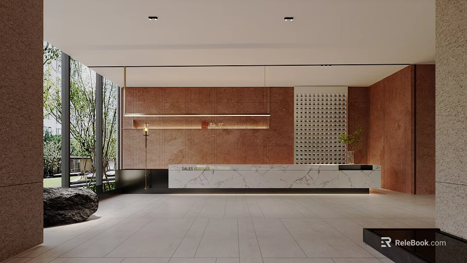 Modern Reception Desk Interior with Marble Countertop Wooden Wall and Green Plant 3d model 