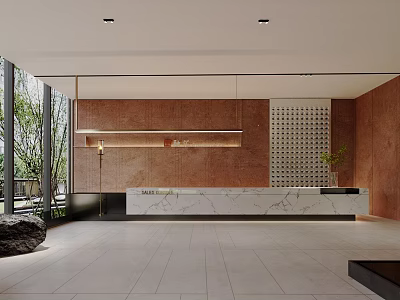 Modern Reception Desk Interior with Marble Countertop Wooden Wall and Green Plant 3d model