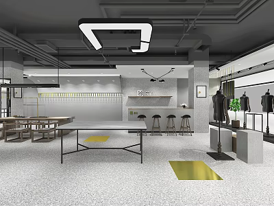 Modern Clothing Store Interior With Display Racks Seating Area And Lighting Fixtures 3d model