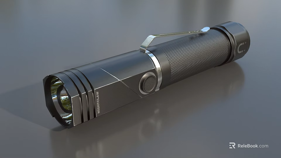 Black Metal Flashlight With Textured Grip And LED Bulb Design 3d model 