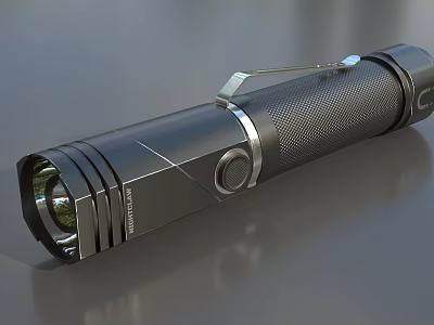 Black Metal Flashlight With Textured Grip And LED Bulb Design 3d model