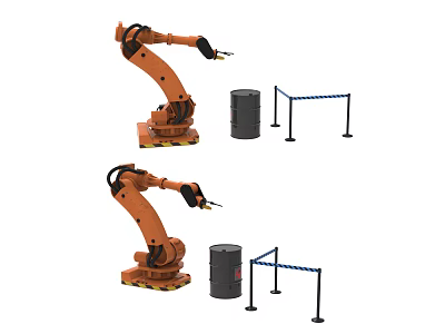 Industrial Equipment Featuring Orange Robotic Arms Black Barrels And Blue Safety Barriers 3d model