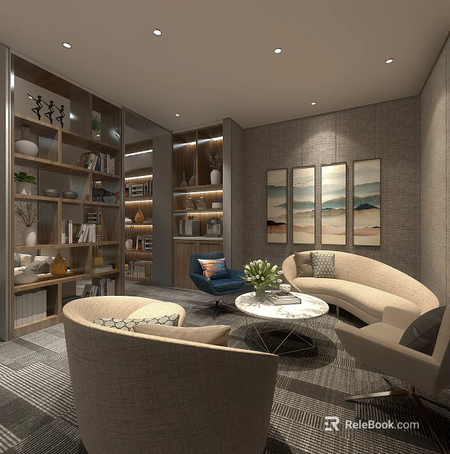 Hotel Public Lounge Modern Design Wooden Bookshelves Comfortable Sofa Chairs Round Coffee Table Decorative Paintings 3d model 