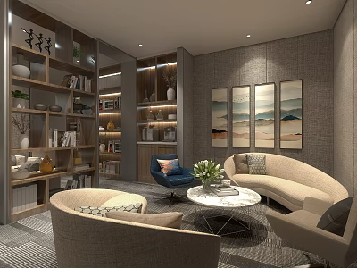 Hotel Public Lounge Modern Design Wooden Bookshelves Comfortable Sofa Chairs Round Coffee Table Decorative Paintings 3d model