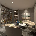 Hotel Public Lounge Modern Design Wooden Bookshelves Comfortable Sofa Chairs Round Coffee Table Decorative Paintings