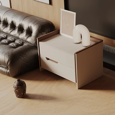 Modern Minimalist Side Table With Wooden Frame White Top Drawer Near Leather Sofa And Vase 3d model