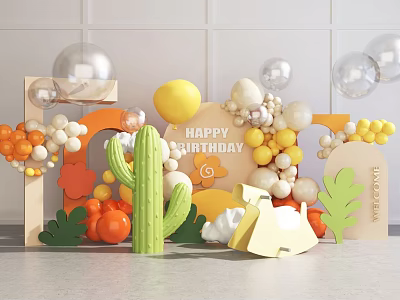 Birthday Party Inflatable Decorations With Cactus Cloud Shapes Balloons And Happy Birthday Sign 3d model