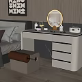 Modern White Dressing Table With Round Mirror Drawers And Cosmetics In Elegant Bedroom Interior
