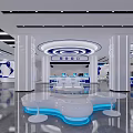 Modern Spacious Service Hall Interior With White Pillars Blue Counters And Electronic Screens