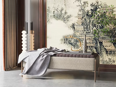 Light Beige Minimalist Sofa Bench With Gray Blanket And Chinese Landscape Wallpaper Decor 3d model