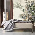 Light Beige Minimalist Sofa Bench With Gray Blanket And Chinese Landscape Wallpaper Decor