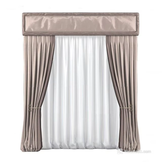 Elegant Beige Curtain With White Sheer Panel Valance Top And Tieback Accents 3d model 