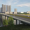 Modern Concrete Bridge Over River With Moving Vehicles And Distant Buildings