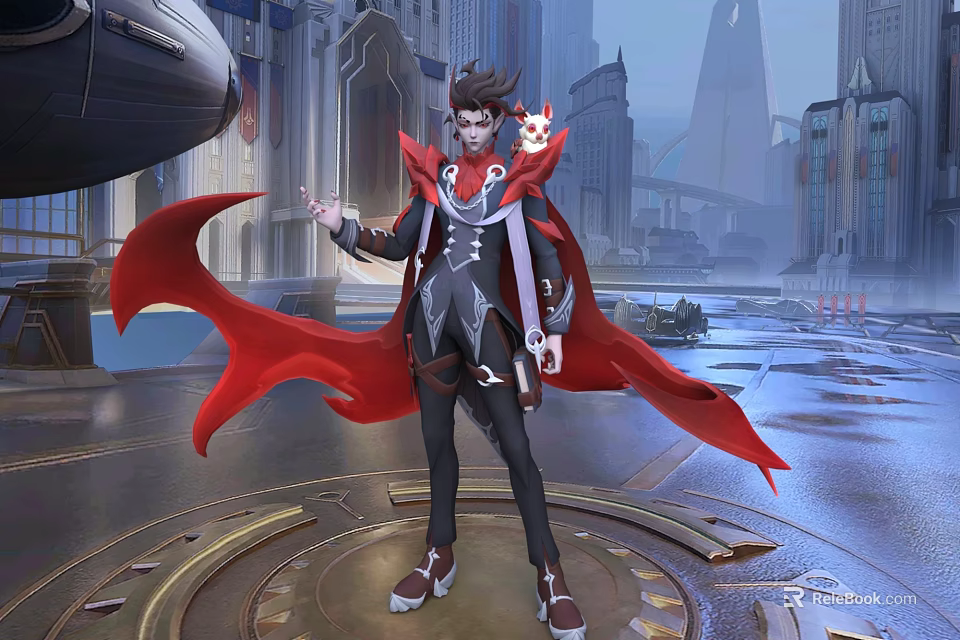 Game and Movie Character Wearing Black Outfit Red Cape Holding Magic Staff on Futuristic Platform 3d model 