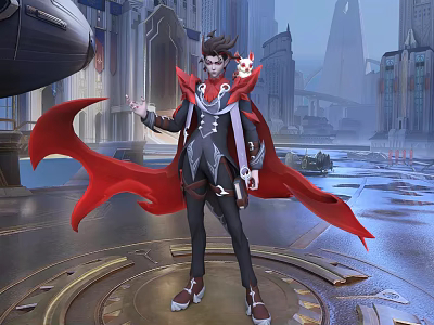 Game and Movie Character Wearing Black Outfit Red Cape Holding Magic Staff on Futuristic Platform 3d model