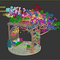 Outdoor Pergola with Pink Flowering Tree Green Plant Wall Sofa Blue Decorations on Stone Pavement
