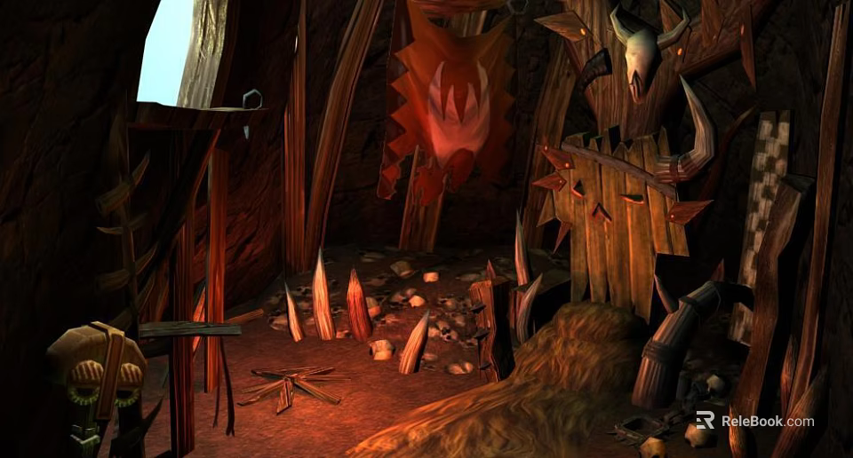 Cartoon Tribal Cave Interior With Animal Skull Decorations Hanging Tapestry And Hay Pile 3d model 