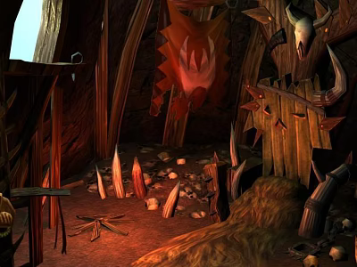 Cartoon Tribal Cave Interior With Animal Skull Decorations Hanging Tapestry And Hay Pile 3d model