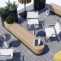 Modern Outdoor Leisure Seating Area With Umbrellas Plants Benches Tables And Tile Flooring