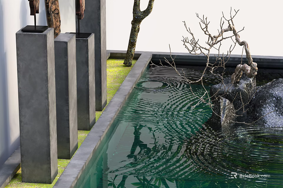 Garden Ornament With Water Basin Rippling Surface Gray Pillars Dry Branches And Green Mossy Ground 3d model 