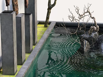 Garden Ornament With Water Basin Rippling Surface Gray Pillars Dry Branches And Green Mossy Ground 3d model