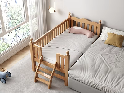 Wooden Toddler Bed With Attached Twin Bed Ladder Pillows And Sunny Window View 3d model