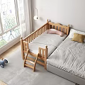 Wooden Toddler Bed With Attached Twin Bed Ladder Pillows And Sunny Window View