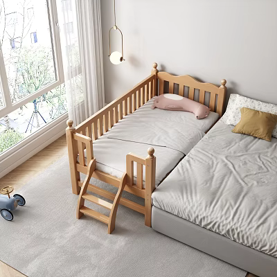 Wooden Toddler Bed With Attached Twin Bed Ladder Pillows And Sunny Window View 3d model