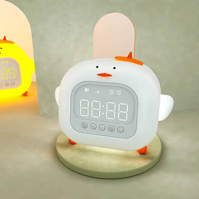 Cute Cartoon Chicken Shaped Alarm Clock With Digital Display White Body And Orange Feet 3d model
