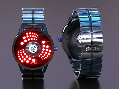 IOTA Watch with Red Dial Illuminated Dots and Silver Metal Strap Design 3d model