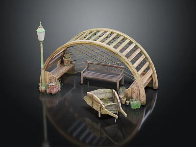Miniature Wooden Arch Scene With Bench Street Lamp Small Boat And Plants 3d model