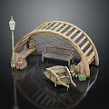 Miniature Wooden Arch Scene With Bench Street Lamp Small Boat And Plants