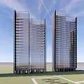 Modern High Rise Buildings With Glass Facade And Urban Architectural Design Against Blue Sky