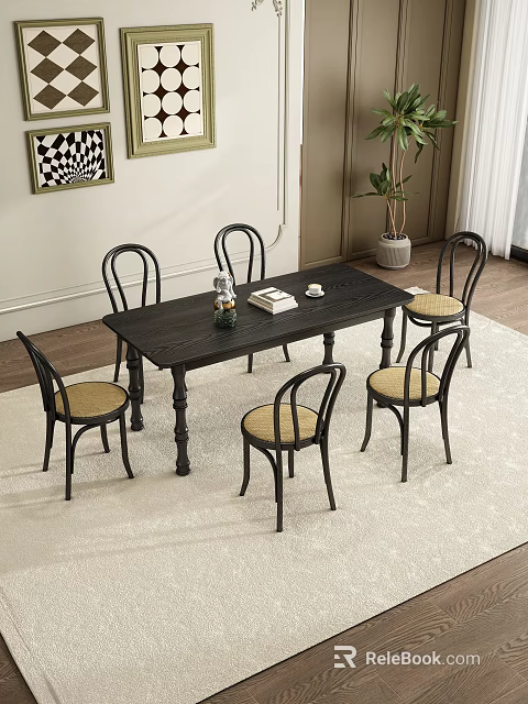 Dining Room with Dark Wooden Table Six Chairs Vase Book Cup Plant Wall Art and Rug 3d model 