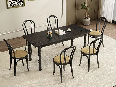 Dining Room with Dark Wooden Table Six Chairs Vase Book Cup Plant Wall Art and Rug 3d model