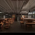 Industrial Style Hot Pot Restaurant Interior With Loft Design Wooden Tables Red Blue Crates