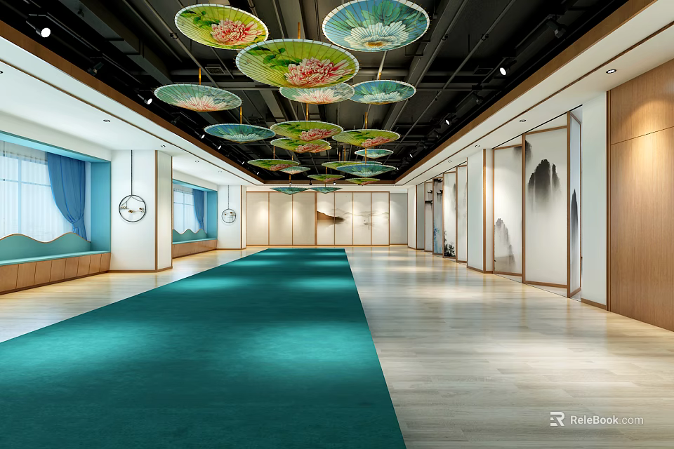Modern Fitness Center Interior With Green Carpet Wooden Flooring And Workout Equipment 3d model 