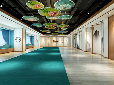 Modern Fitness Center Interior With Green Carpet Wooden Flooring And Workout Equipment 3d model
