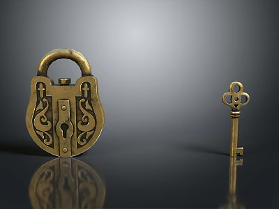 Antique Brass Lock And Key With Intricate Carvings On Dark Reflective Surface 3d model