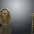 Antique Brass Lock And Key With Intricate Carvings On Dark Reflective Surface